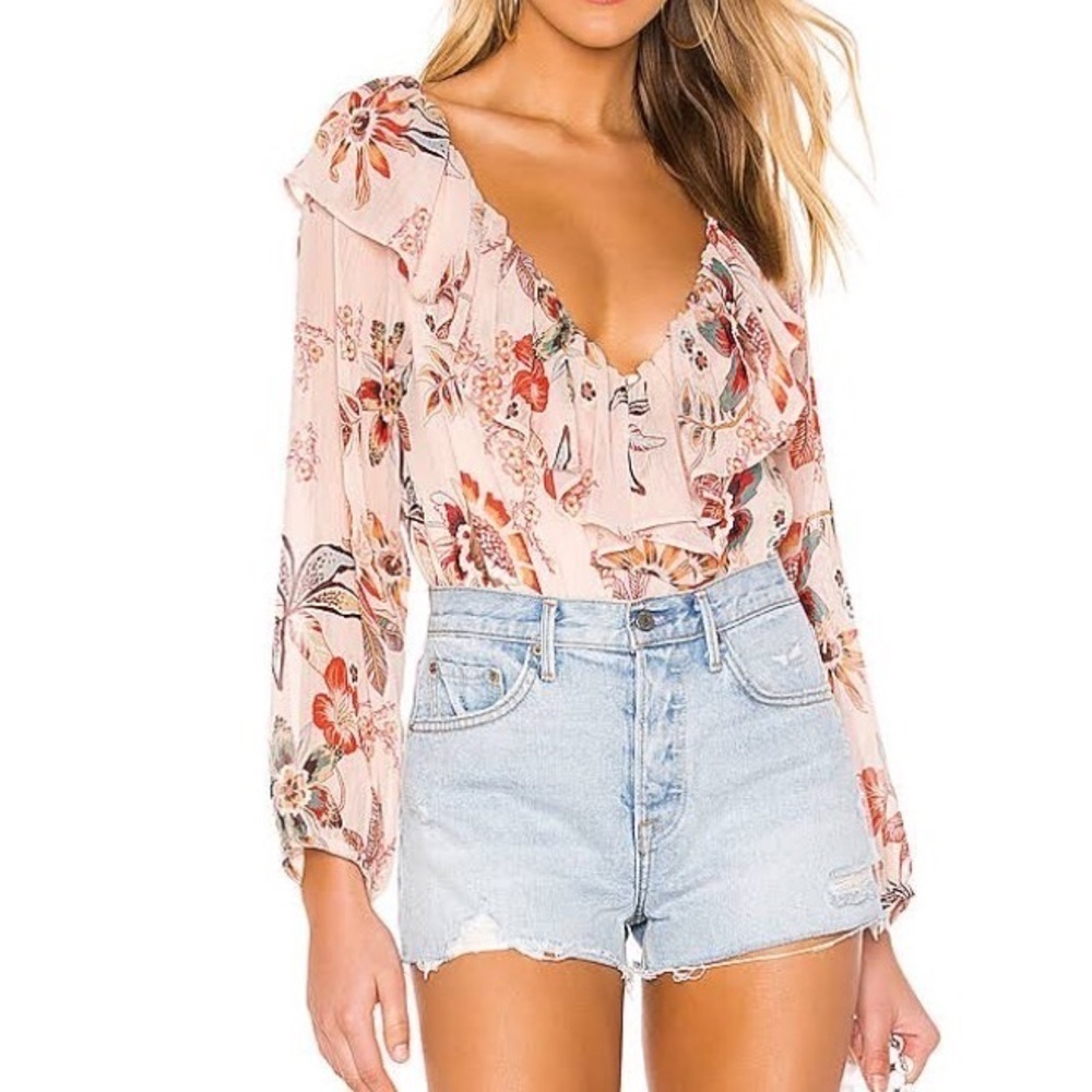 Sanctuary NWT Boho Floral Ruffle Peasant Blouse Size Small in Coral Pink
